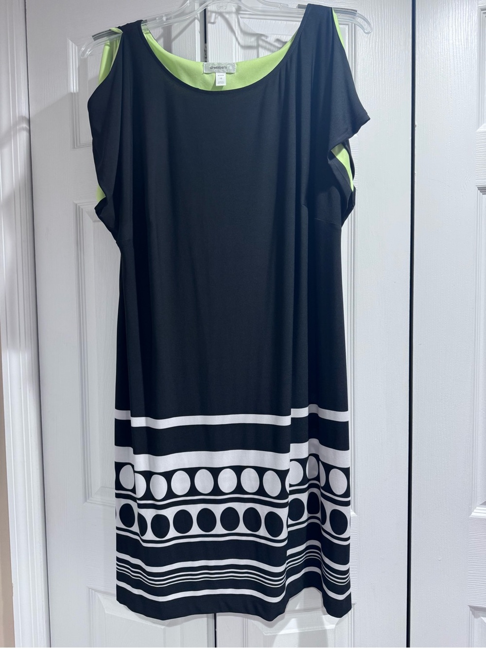 dressbarn Black Dress with White Geometric Border and Neon Lime Lining